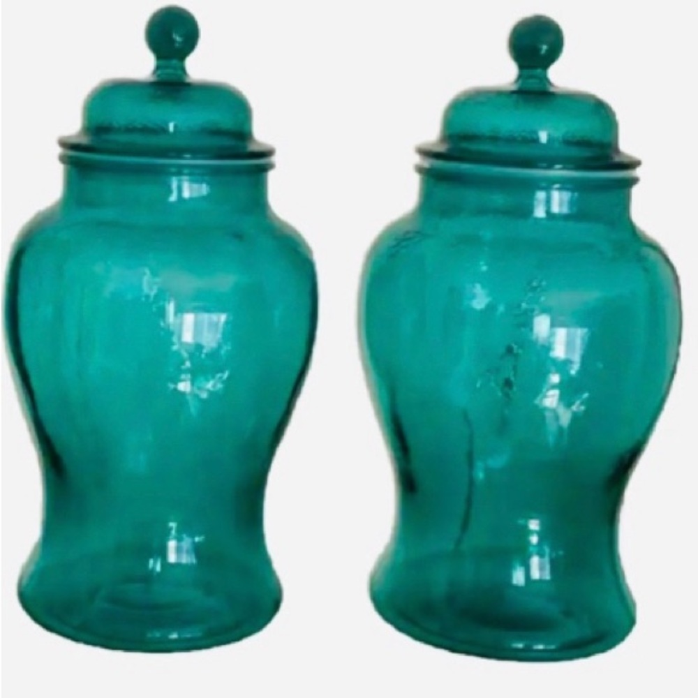 Set of 2 Vintage Large Turquoise/Blue Glass Canisters w/ Airtight Tops 11.25”